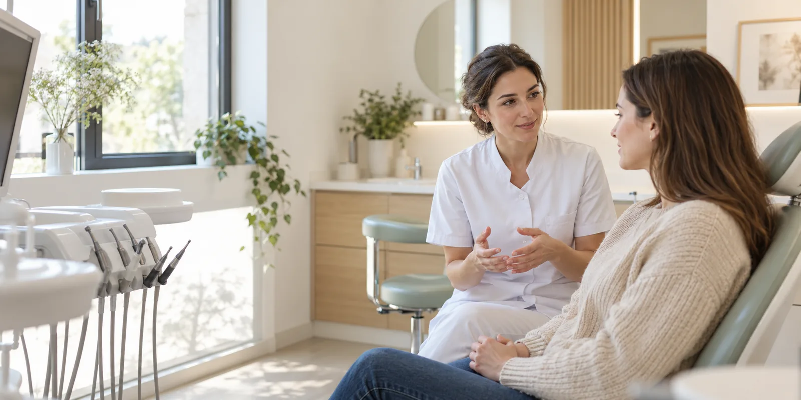 Scène fictive de discussion entre une dentiste et une patiente dans un cabinet lumineux