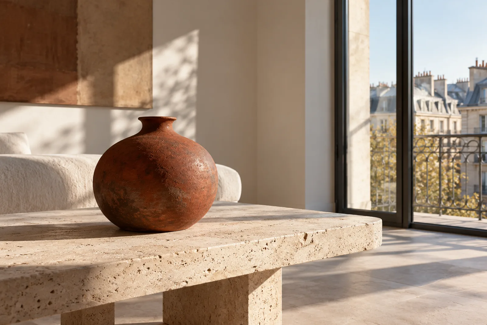 Nature morte fictive avec vase en céramique dans un intérieur lumineux