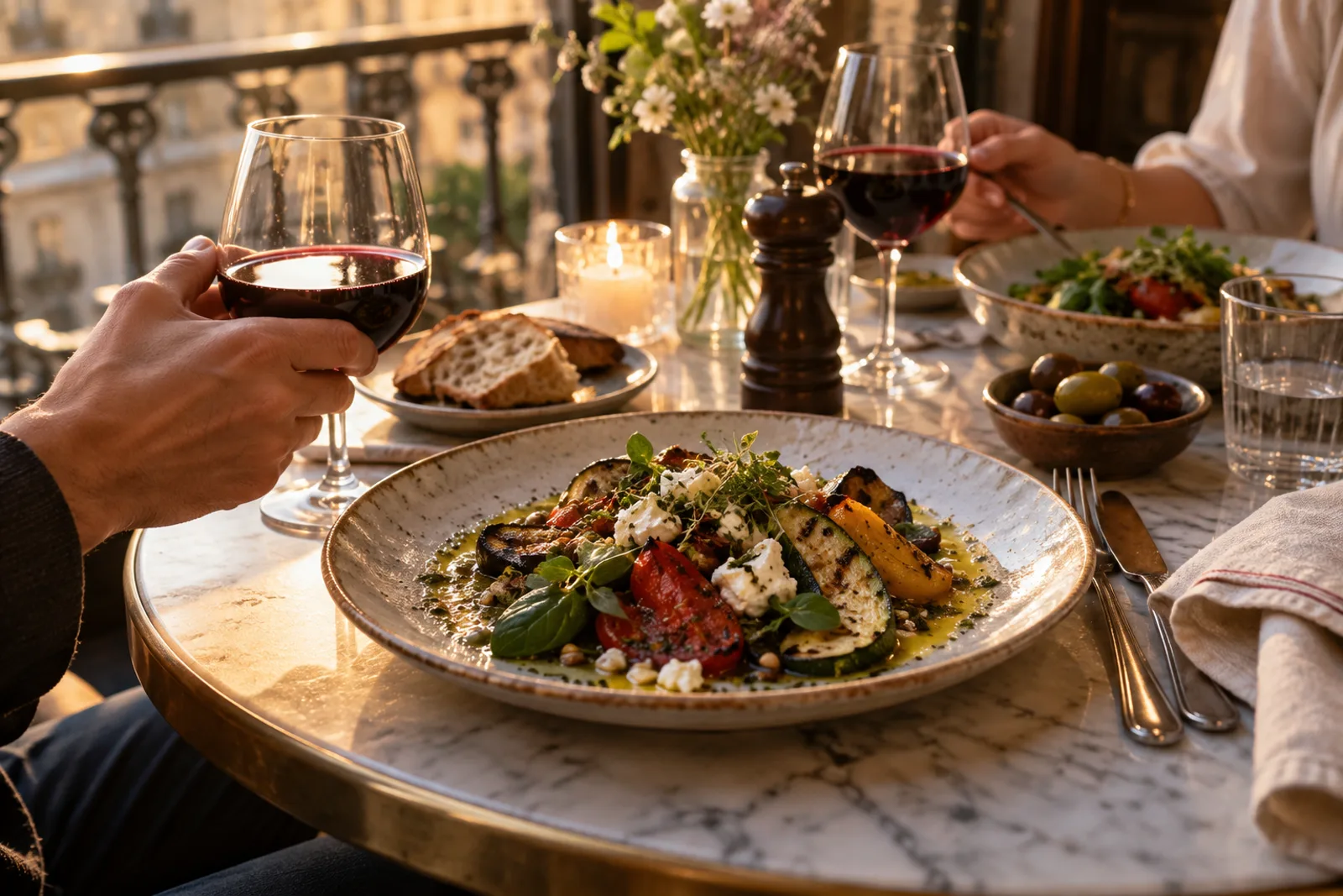 Repas fictif au restaurant avec plat de légumes, verres et table conviviale