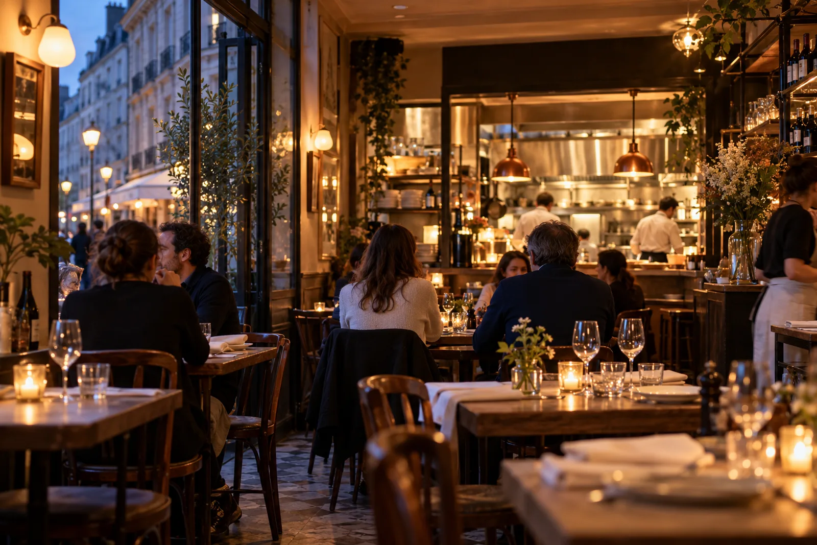 Intérieur chaleureux d’un restaurant fictif au début de soirée