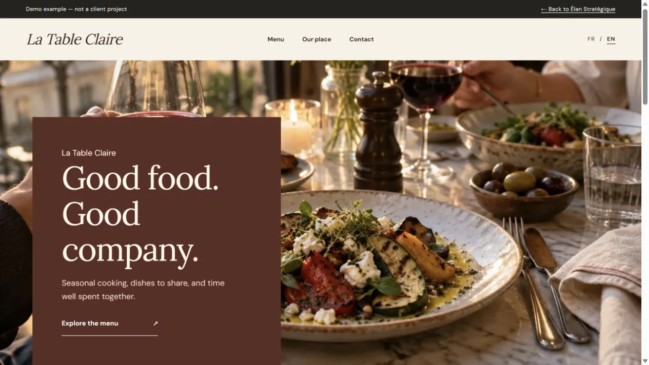Preview of the fictional La Table Claire website
